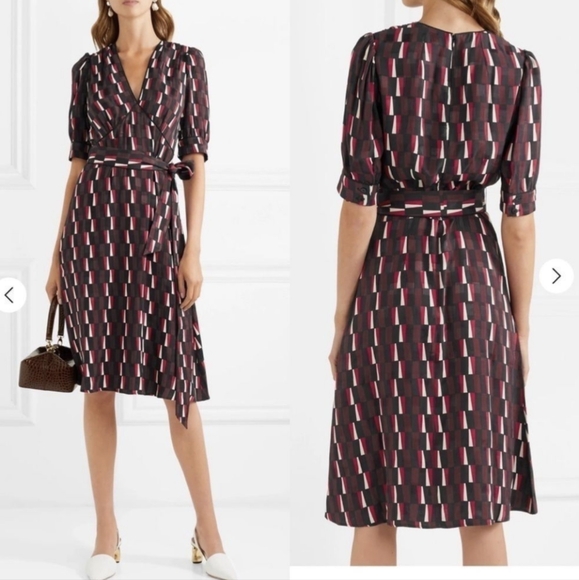 Cefinn Satin Midi Dress 14 Geometric Print V-Neck Waist Tie Work Office Classic - Picture 3 of 13